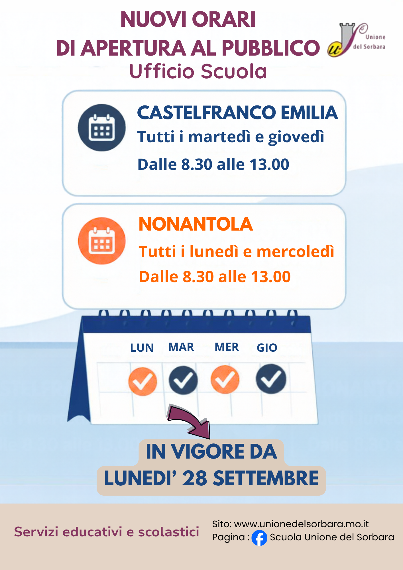 Nuovi orari sportelli da 28.9.26