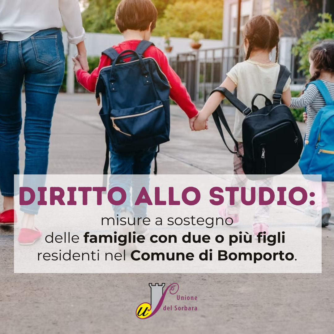 Diritto allo studio: Misure a sostegno delle famiglie con due o più figli residenti nel Comune di Bomporto foto 